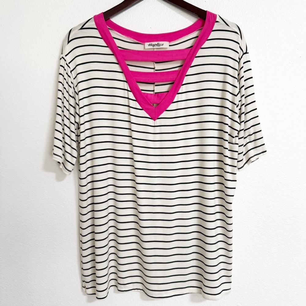 Haptics Striped V Neck Stretch Knit Tee Shirt
